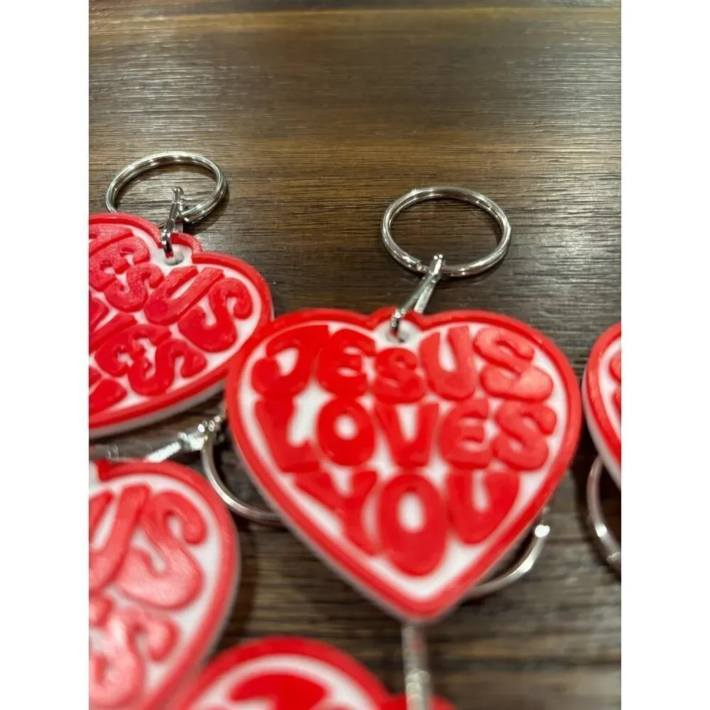Jesus Loves You Heart Keychain | Red White Retro Christian Faith Gift (10 Pack)